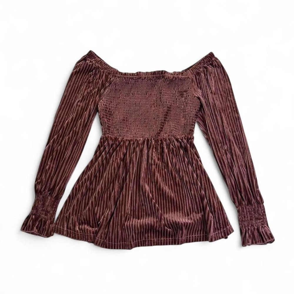 Mauve Pink Velvet Ribbed Off Shoulder Top Smocked Babydoll Blouse
